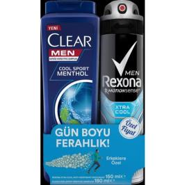 Rexona Erkek Deodorant Sprey Xtra Cool 150 ml + Clear Men 180 ml Cool Sport Şampuan